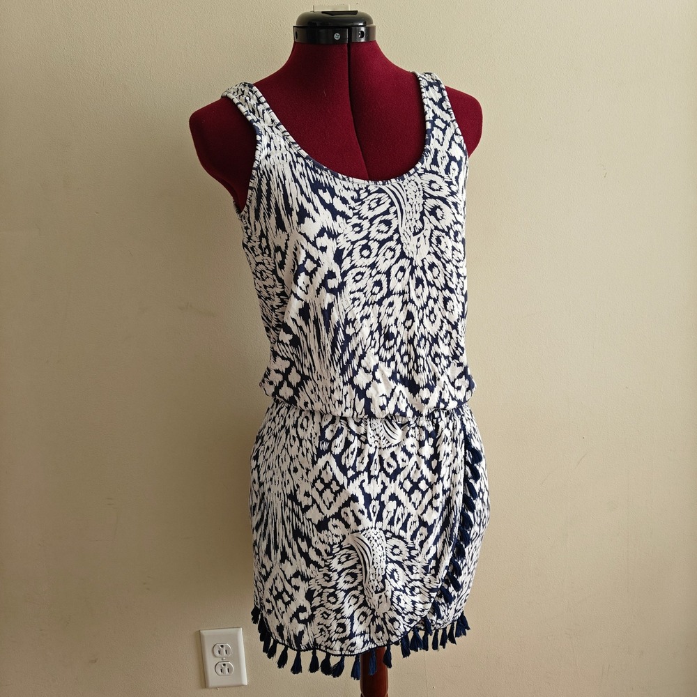 Lilly Pulitzer Navy White Ikat Print Tassel Trim Mini Skirt Romper XS Sleeveless